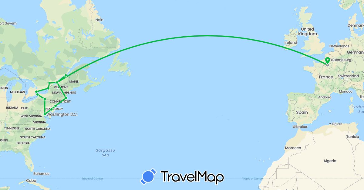 TravelMap itinerary: bus, plane, train in Canada, France, United States (Europe, North America)